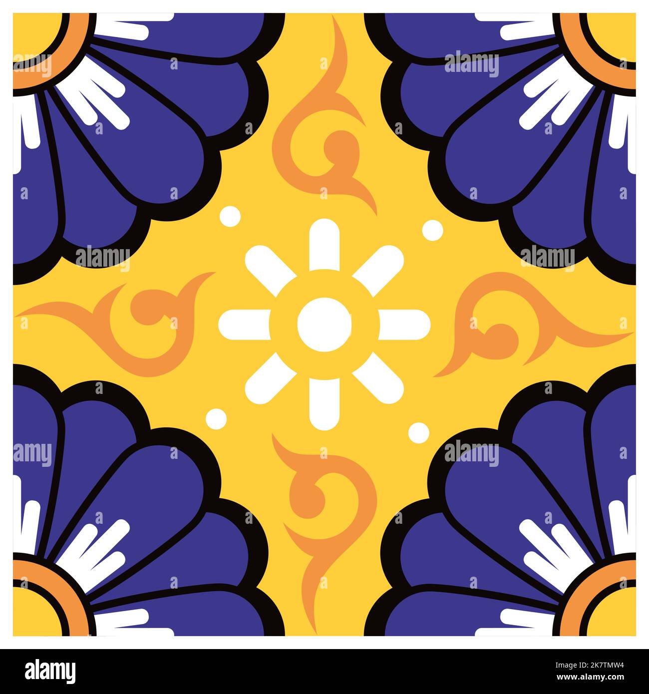Mexikanische talavera Stil Fliesen Einzel-und nahtlose Vektor-Muster mit Blumen in gelb und marineblau Stock Vektor