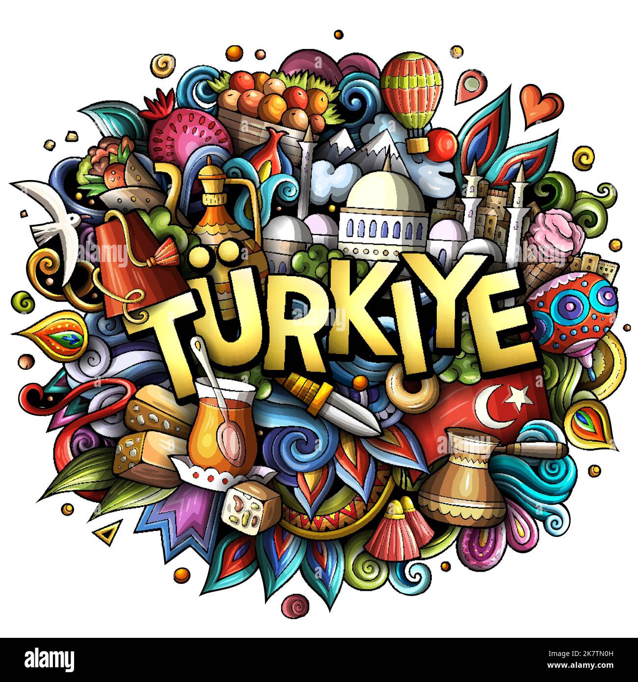Türkei handgezeichnete Cartoon Kritzeleien Illustration. Witziges Reisedesign. Stock Vektor