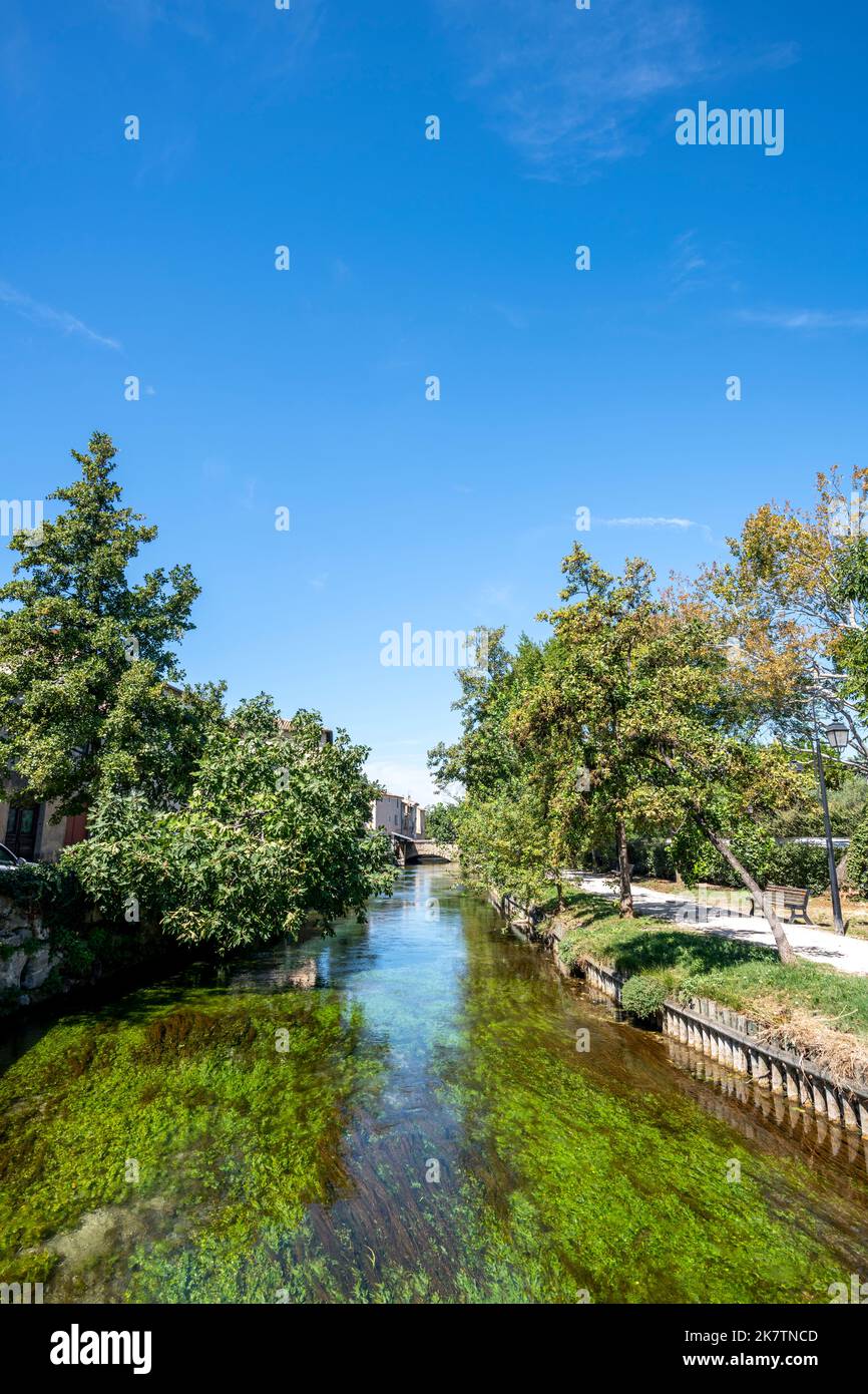 Wasserkanal, grüne Bäume und blauer Himmel. L'Isle-sur-la-Sorgue im Sommer. Südfrankreich. Kopieren Sie den Raum in den blauen Himmel Stockfoto