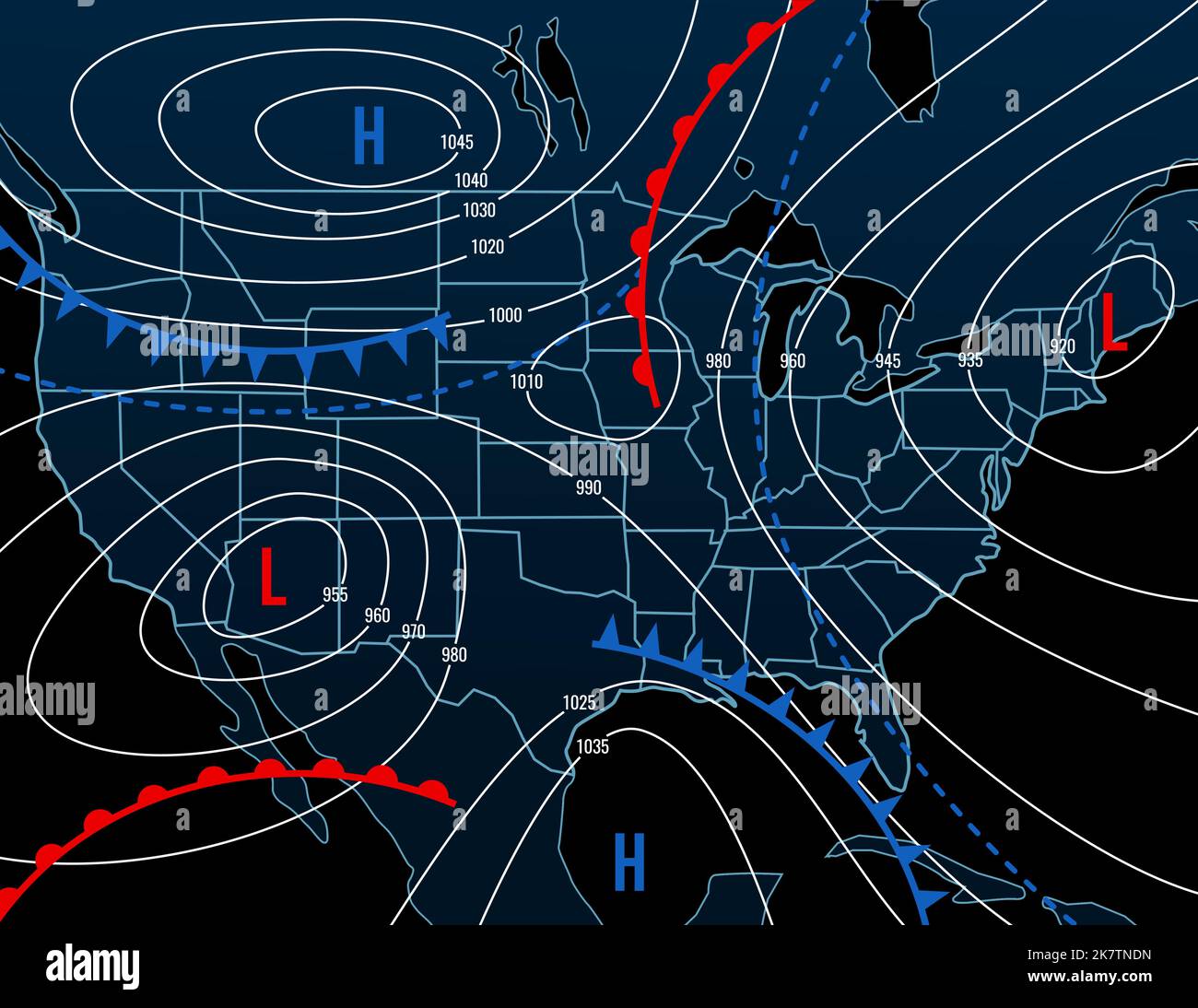 Vorhersage Wetter Isobar Nacht Karte von USA. Meteorologiediagramm mit Windfront und Temperatur. Synoptische isobare Karte, Klima- und Klimatologie-Vektor-Infografiken mit Temperaturdaten Stock Vektor