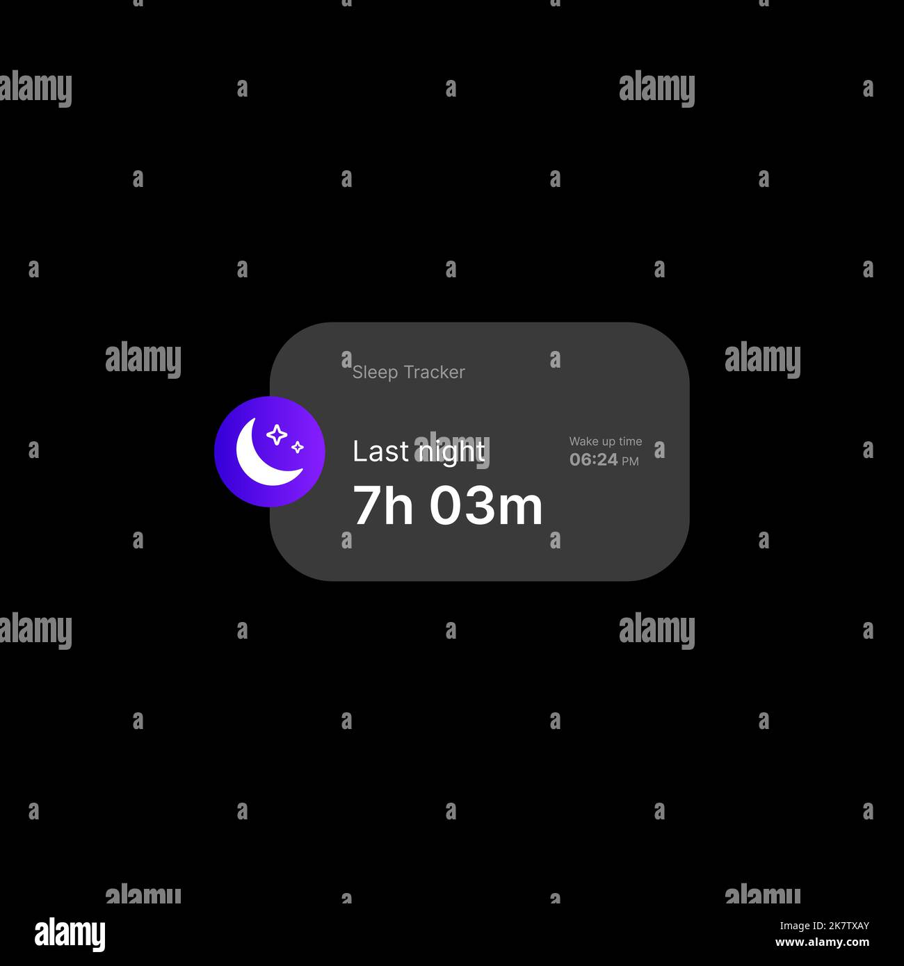 Sleep Tracker Widget UI-Konzept auf schwarzem Hintergrund. Illustration Zu Sozialen Medien. Editierbares Sleep Tracker-Symbol mit Stundenzähler und Weckzeit. Web-Element für mobile Anwendungen. Vektorgrafik Stock Vektor