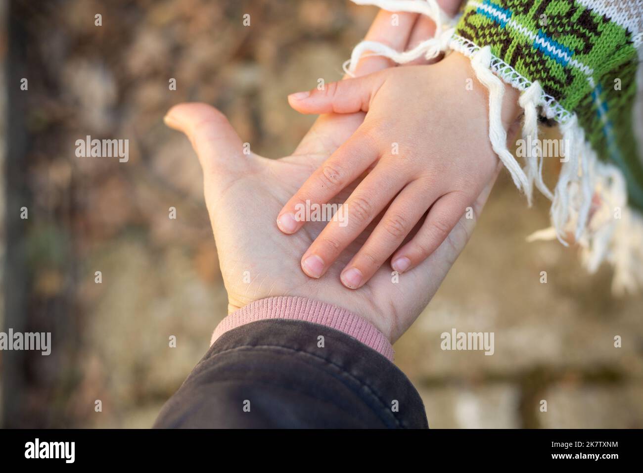 Babys Hand auf der offenen Handfläche der Mutter. Partnerschaft und Respect-Konzept. Geschäft erledigt. Diagonale Komposition Draufsicht. Verschiedene Generationen. Zusammenwachsen Stockfoto