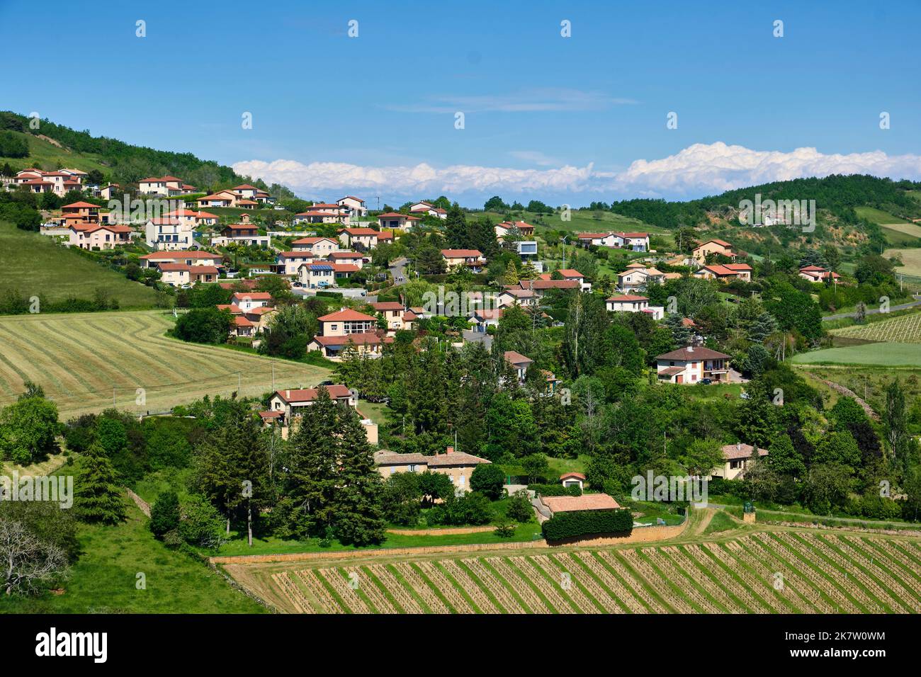 Oingt (Zentralfrankreich): Überblick über das Dorf in der Beaujolais-Region, bekannt für seine goldenen Steine, das Dorf mit dem Label „Plus Beaux Vil Stockfoto