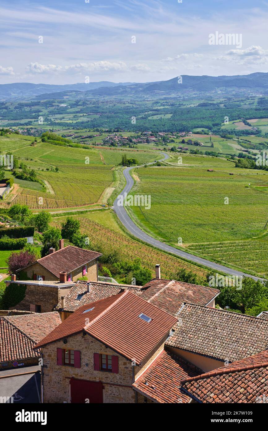 Oingt (Zentralfrankreich): Überblick über das Dorf in der Beaujolais-Region, bekannt für seine goldenen Steine, das Dorf mit dem Label „Plus Beaux Vil Stockfoto