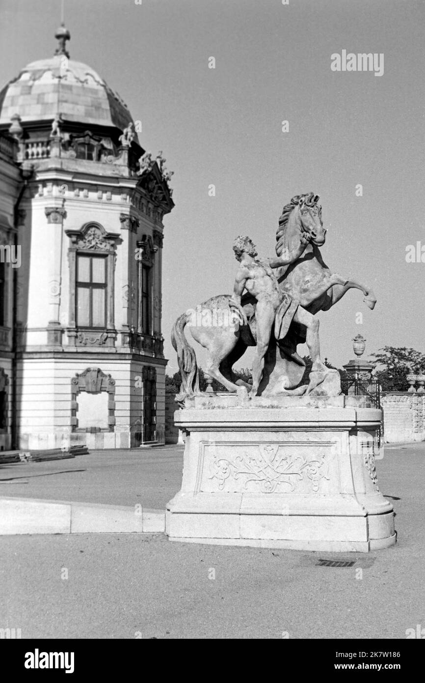 Statue eines Mannes mit Pferd vor Schloss Belvedere in Wien, um 1962. Statue eines Mannes mit Pferd vor Schloss Belvedere in Wien, um 1962. Stockfoto