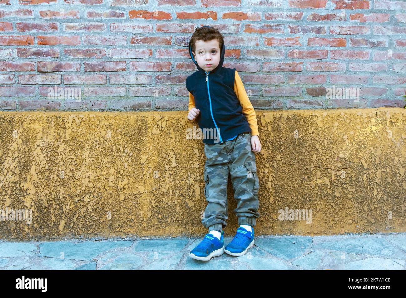 Junge in Kapuzen-Sweatshirt und Camouflage-Hosen, die an der Ziegelwand gelehnt sind Stockfoto