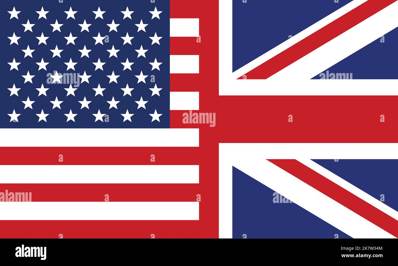 US- und UK-Flaggen kombiniert Seite an Seite englischer Symbolvektor isoliert auf weißem Hintergrund Stock Vektor