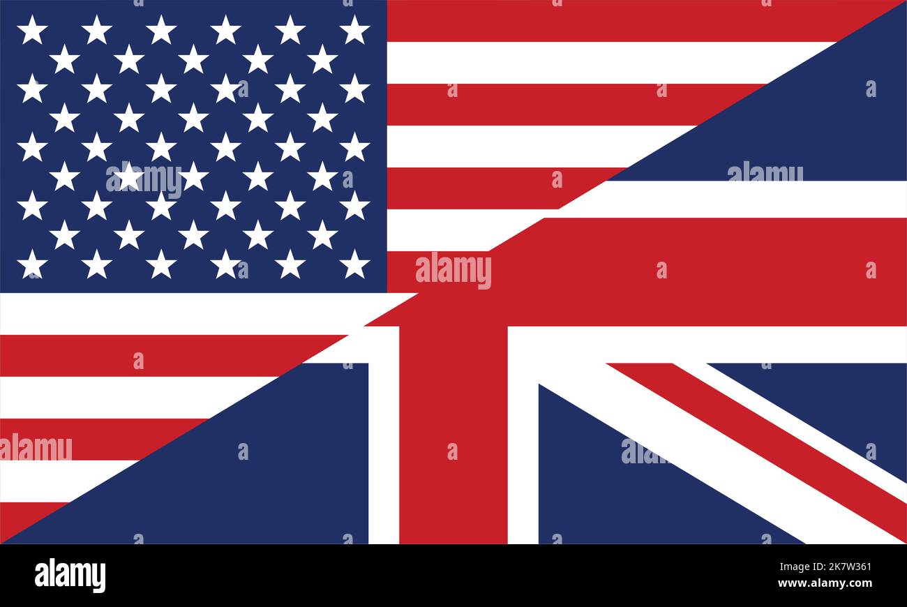 Flaggen aus den USA und Großbritannien kombinierten diagonalen symbolvektor in englischer Sprache, isoliert auf weißem Hintergrund Stock Vektor