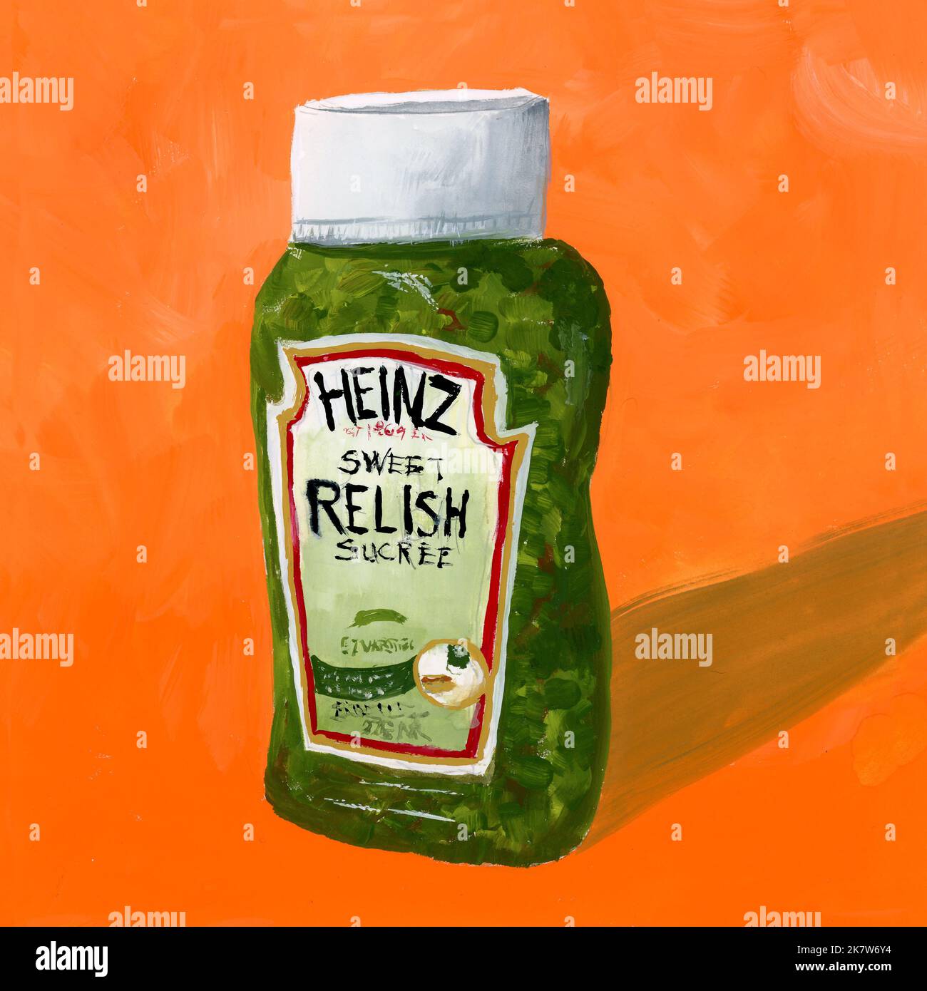 Gouache-Gemälde einer Flasche Heinz Sweet Relish. Stockfoto