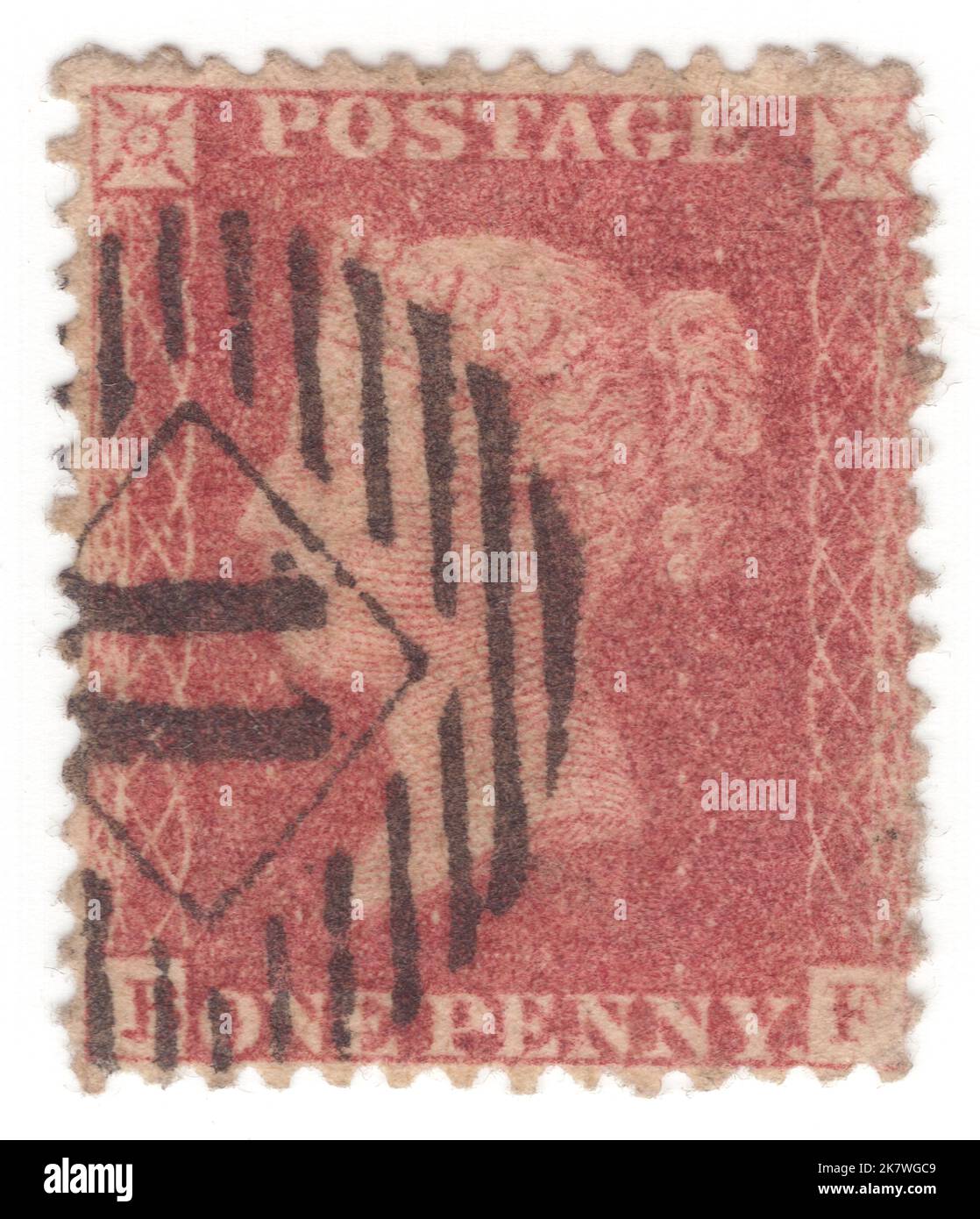 VEREINIGTES KÖNIGREICH - 1855: Eine rot-braune Briefmarke mit 1 Pence, die das Porträt von Königin Victoria zeigt Stockfoto