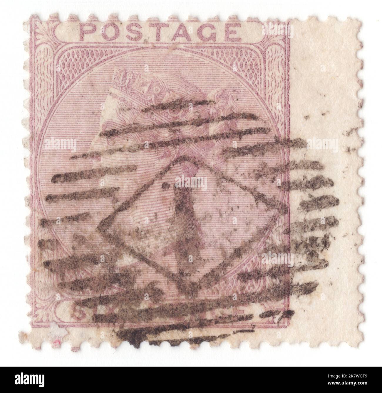 VEREINIGTES KÖNIGREICH - 1856: Eine 6 Pence lilac Briefmarke, die das Porträt von Königin Victoria im Kreisrahmen zeigt Stockfoto