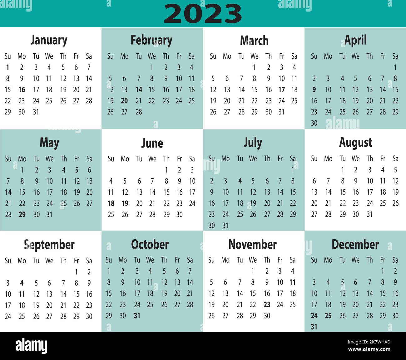 2023-Jahreskalender, Eine Seite, Horizontal, Blaugrün/Blaugrün Stock Vektor