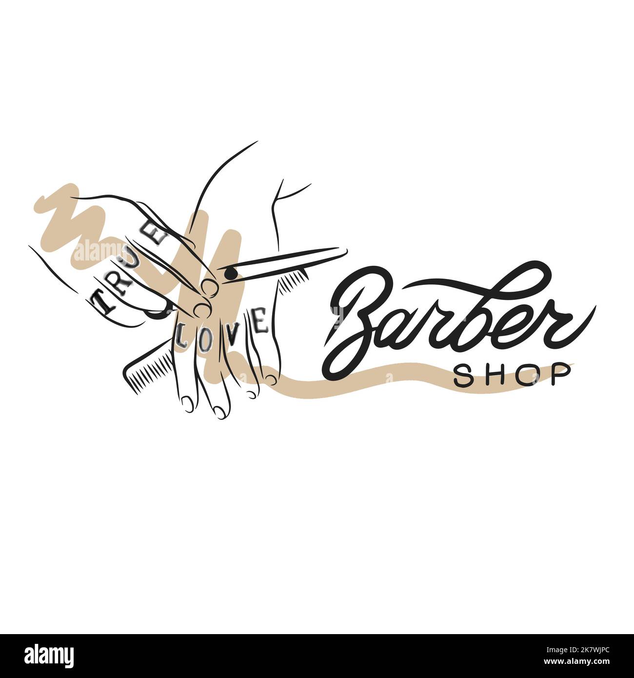 Friseursalon, handschriftliche Zitate, Männerhände in Tattoos halten Scheren und eine Haarbürste, Accessoires für den Meister, Doodle Stock Vektor