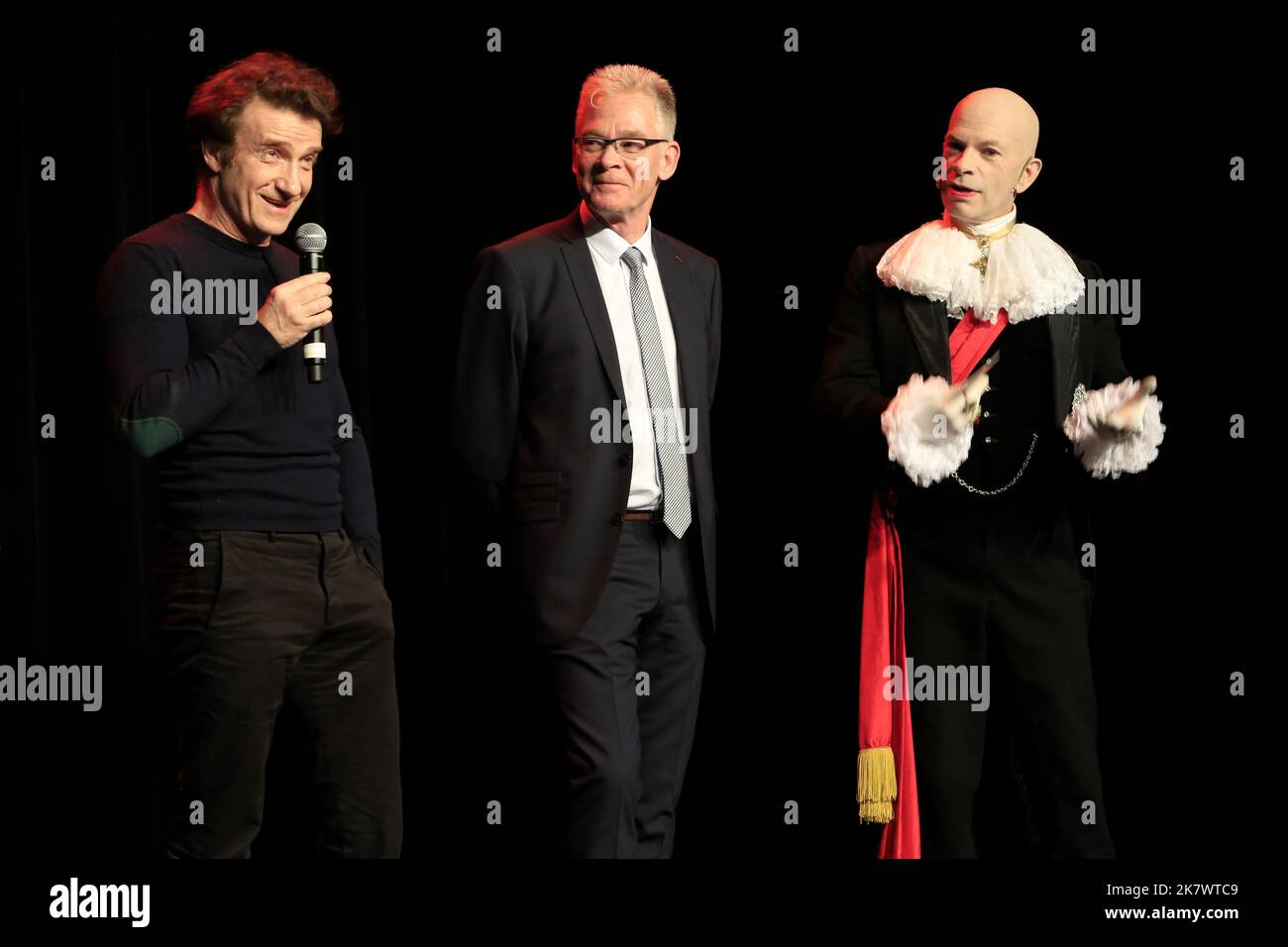 Thierry Frémont, Jean-Marc Peillex, maire de Saint-Gervais-les-Bains et Calixte De Nigremont, 32ème Festival Mont-Blanc Humor. Stockfoto