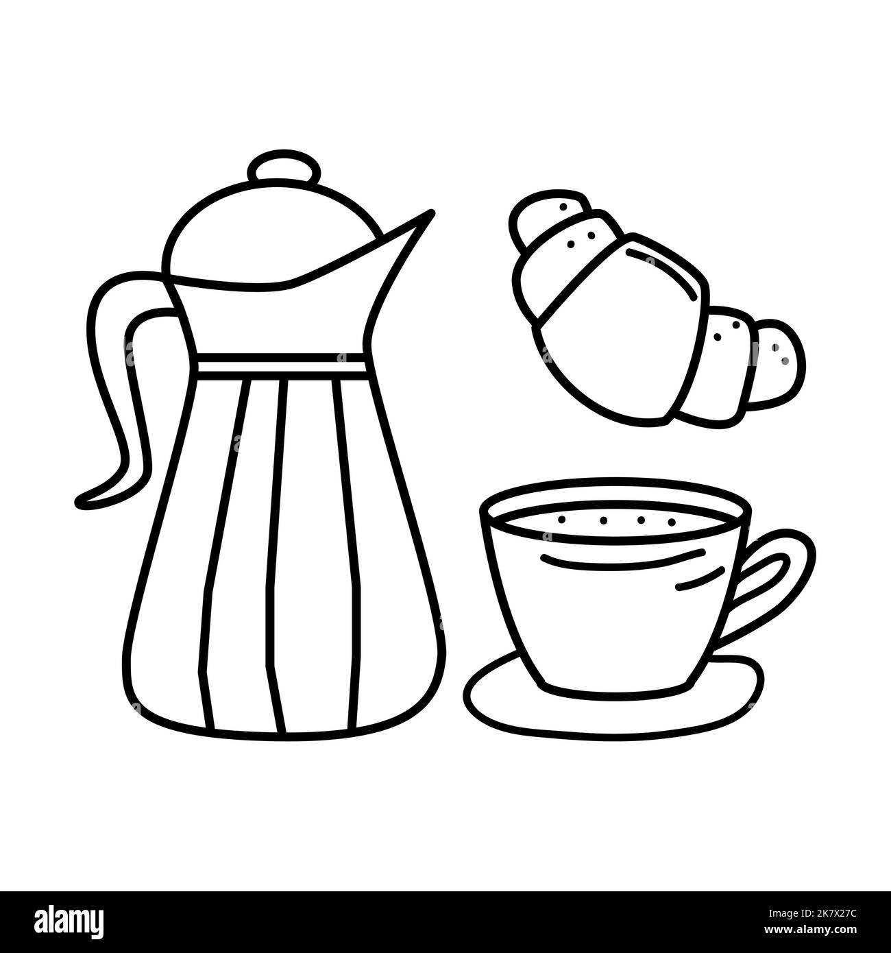 Teetasse mit Teekannen und Croissant in handgezeichneter Doodle-Art. Konzept für die Teezeit. Vektorgrafik. Stock Vektor