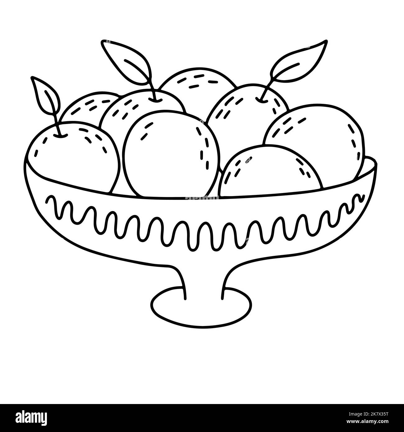 Reife Orangen in Keramikschale Illustration isoliert auf weißem Hintergrund. Ernte von Bio-Orangen. Von Hand gezeichnet. Doodle-Stil. Stock Vektor