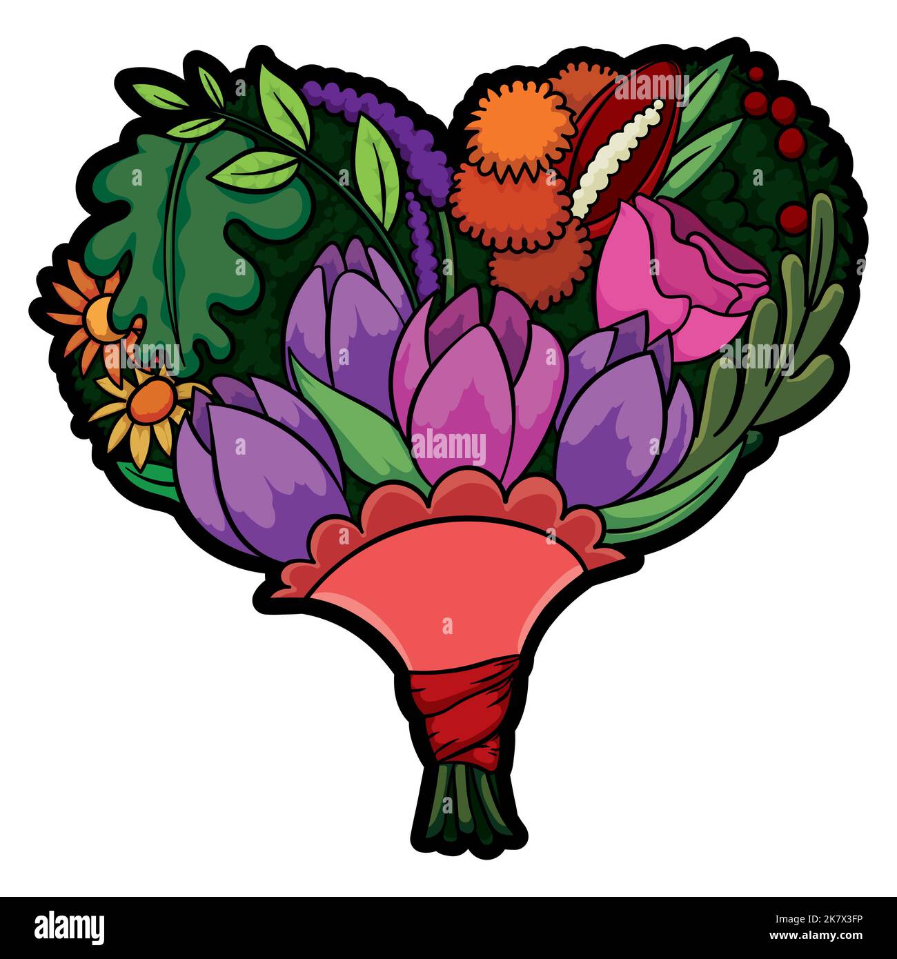 Herzförmiger Blumenstrauß, verziert mit Tulpen, Rosen, Pom-Poms Dahlien, Gänseblümchen, Beeren, Calla lili, Blätter und Laub. Stock Vektor