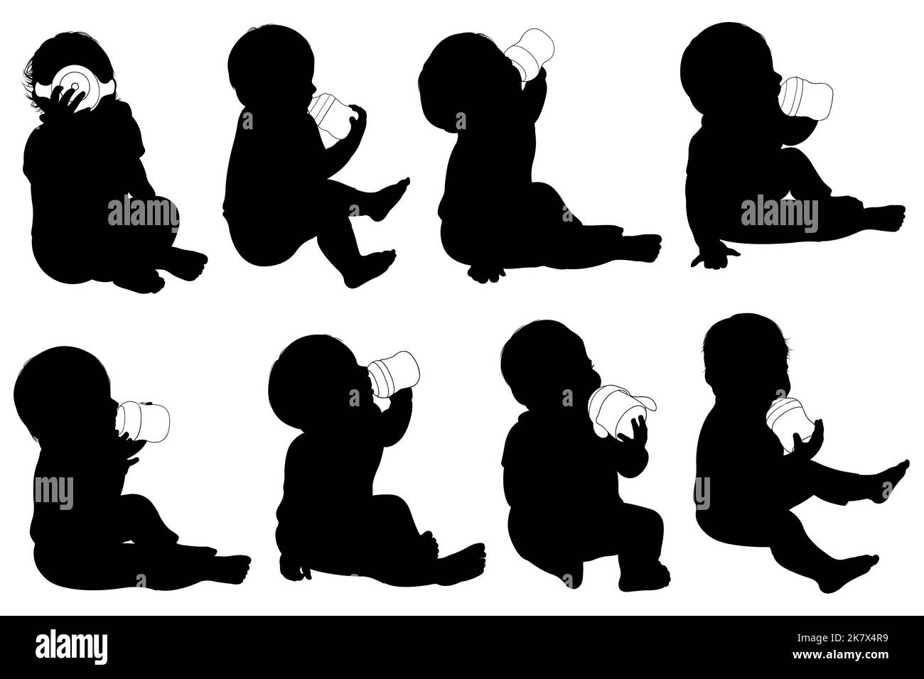 Set von Baby Silhouetten trinken aus Babyflasche isoliert auf weiß Stockfoto
