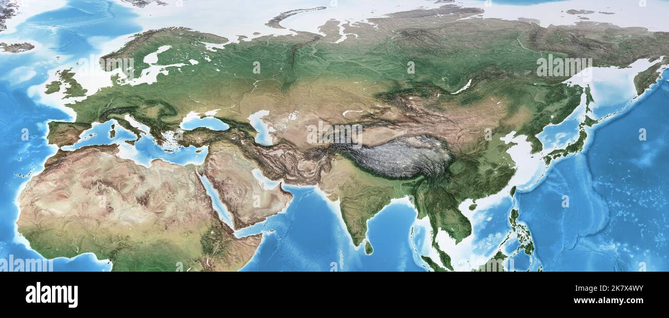 Physische Karte von Eurasien, Europa und Asien. Abgeflachte Satellitenansicht des Planeten Erde. 3D Illustration - Elemente dieses Bildes von der NASA Stockfoto