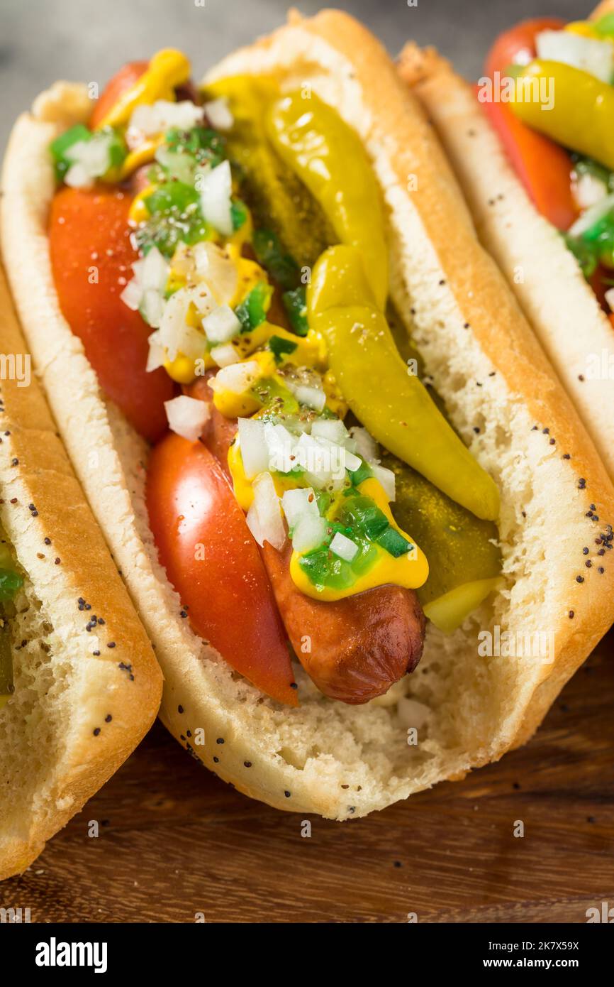Hausgemachte Hot Dogs im Chicago-Stil mit Tomatenzwiebeln und Paprika Stockfoto