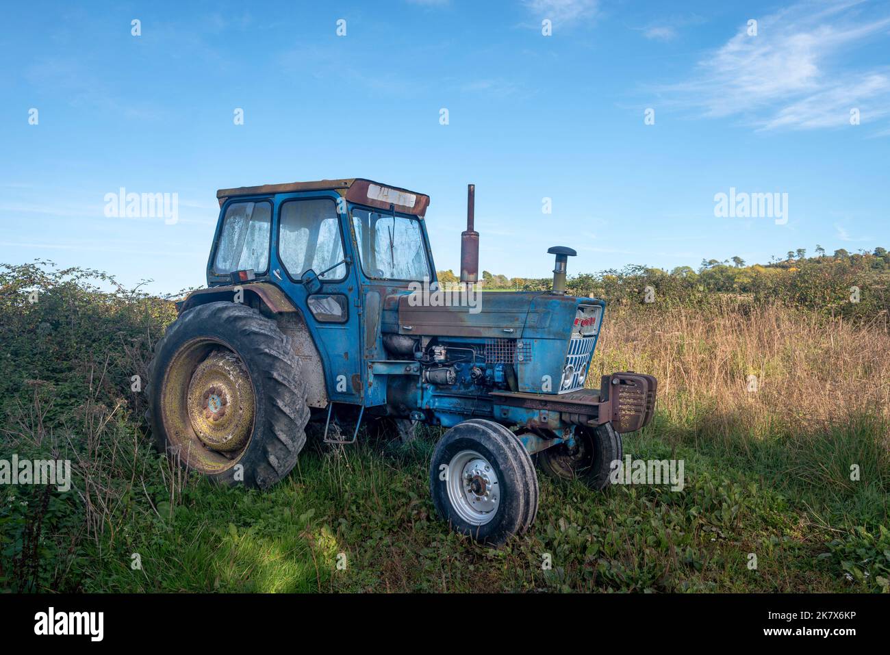 Alter, rostiger blauer Traktor, der auf einem Feld sitzt Stockfoto