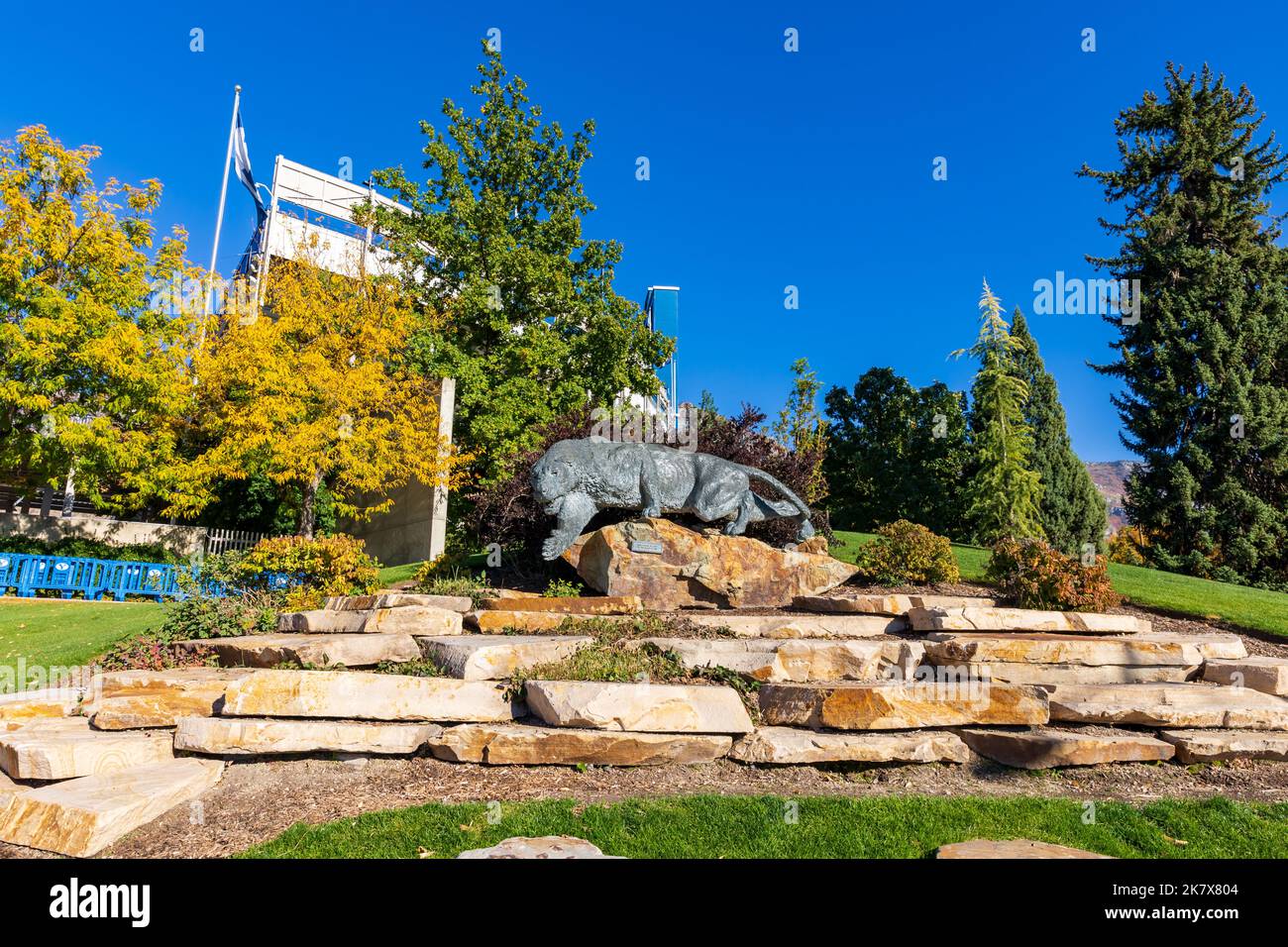 Provo, UT - 14. Oktober 2022: Cougar Mascot vor dem Lavell Edwards Stadium auf dem Campus der Brigham Young University, BYU, in Provo, Utah. Stockfoto