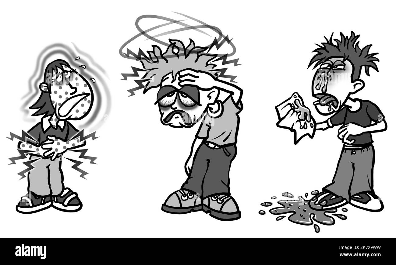 Lustige Cartoon-Kunst von kranken Menschen Kinder, laufende/nockige Nase, Kopfschmerzen, Magenschmerzen Masern/Pocken, Anzug Krankenpflege Broschüren powerpoint-Illustration Stockfoto