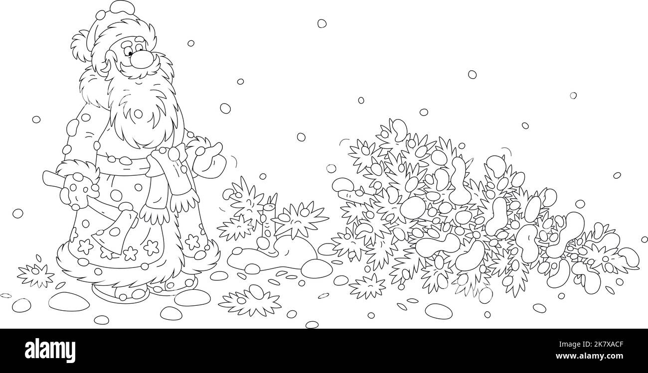 Weihnachtsmann mit einer Axt und einer gefällten Tanne auf einer verschneiten Waldlichtung Stock Vektor