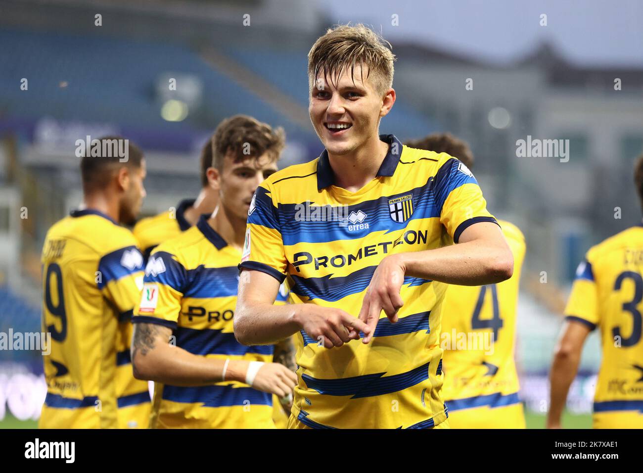 Ennio Tardini Stadium, Parma, Italien, 19. Oktober 2022, Adrian Benedyczak (Parma Calcio) feiert während des Spiels Parma Calcio gegen SSC Bari - italienischer Fußball Coppa Italia Stockfoto