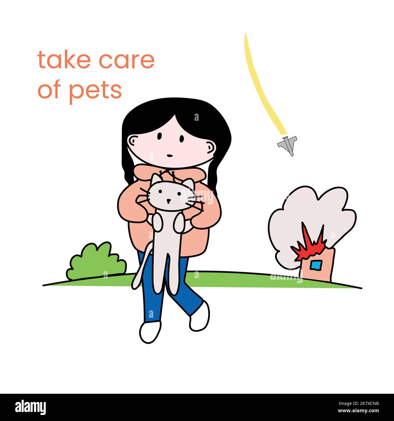 Ein Mädchen rettet eine Katze bei Bomben in der Ukraine Stock Vektor