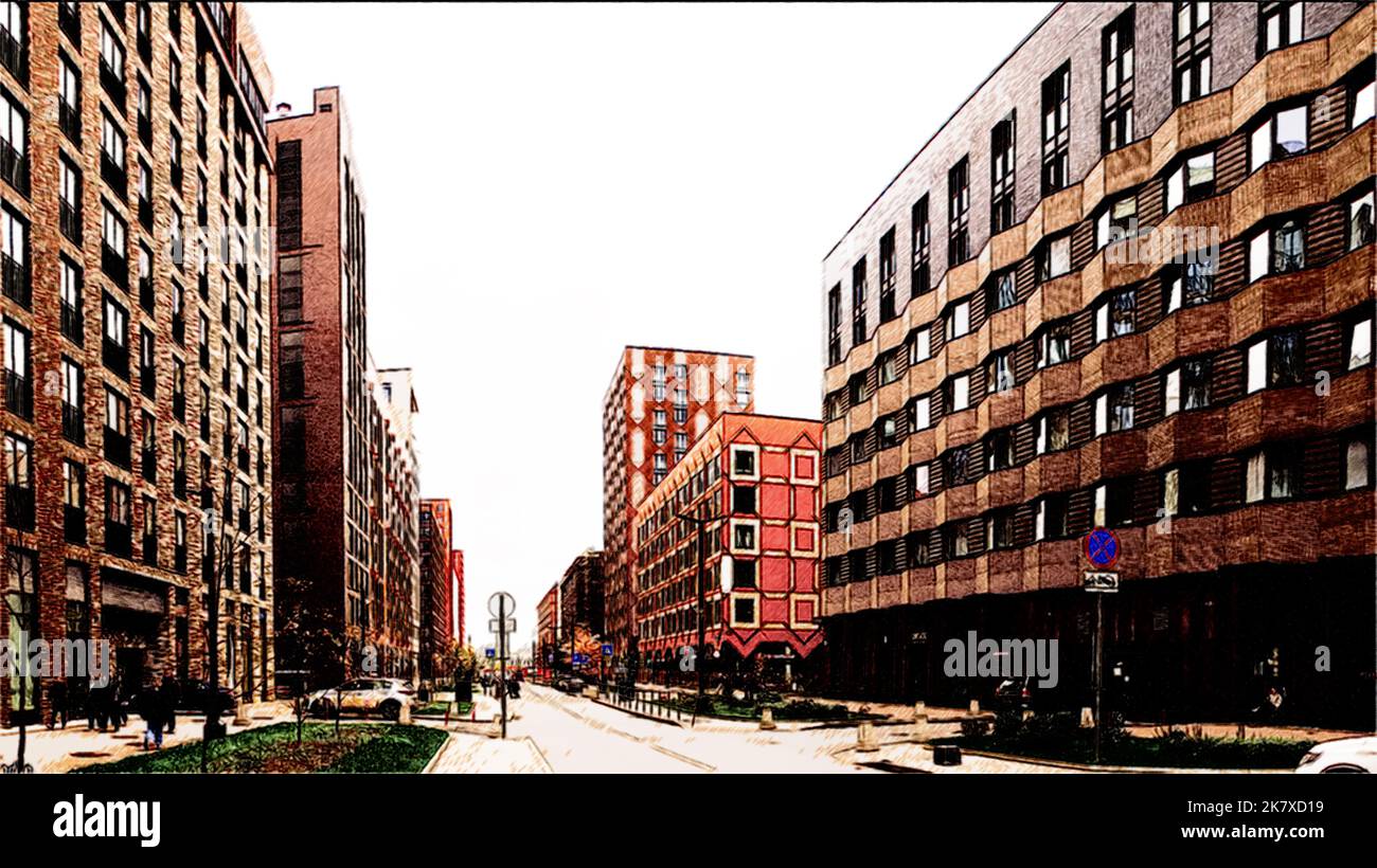 Farbige Skizze Stadtbild. Hintergrund der Stadtzeichnung. Digitale Kunst Malerei von meinem foto. Stockfoto