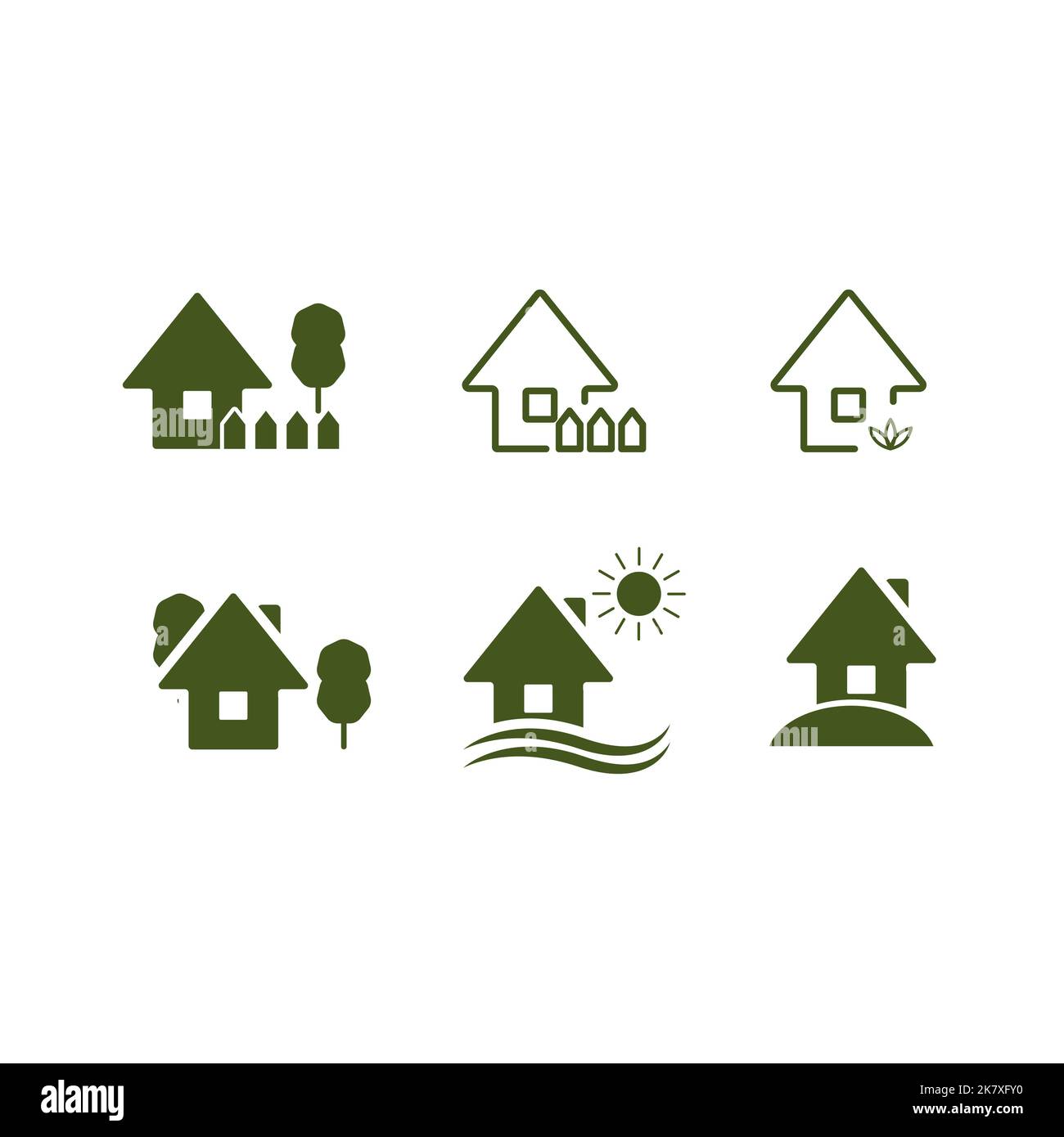 Symbole für den Haushof, Symbole für den Yard House Park, Symbole für das Öko-Grüne Haus mit Baum und Rasen, EPS 10-Format. Stock Vektor