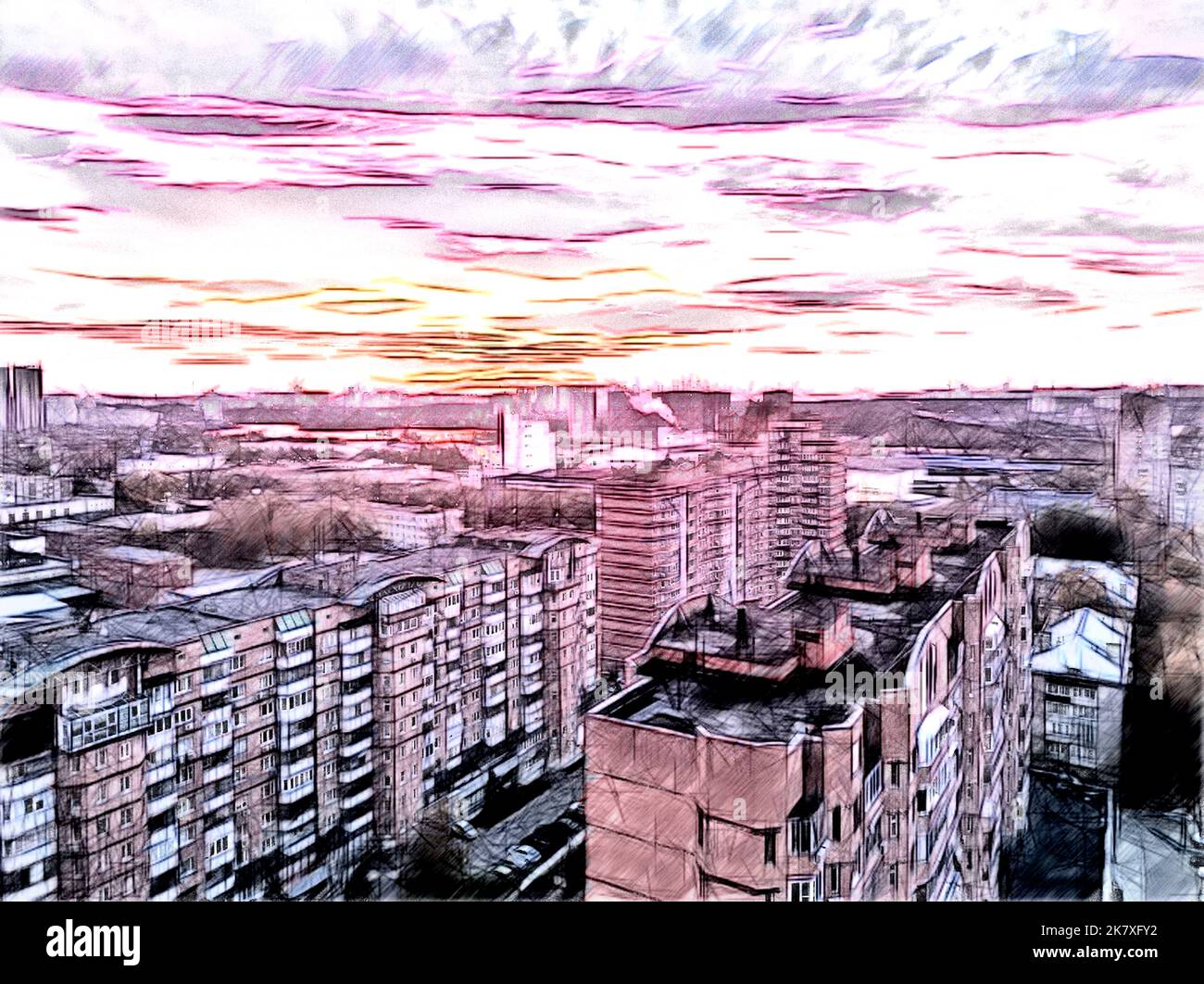 Farbige Skizze Stadtbild. Hintergrund der Stadtzeichnung. Digitale Kunst Malerei von meinem foto. Stockfoto
