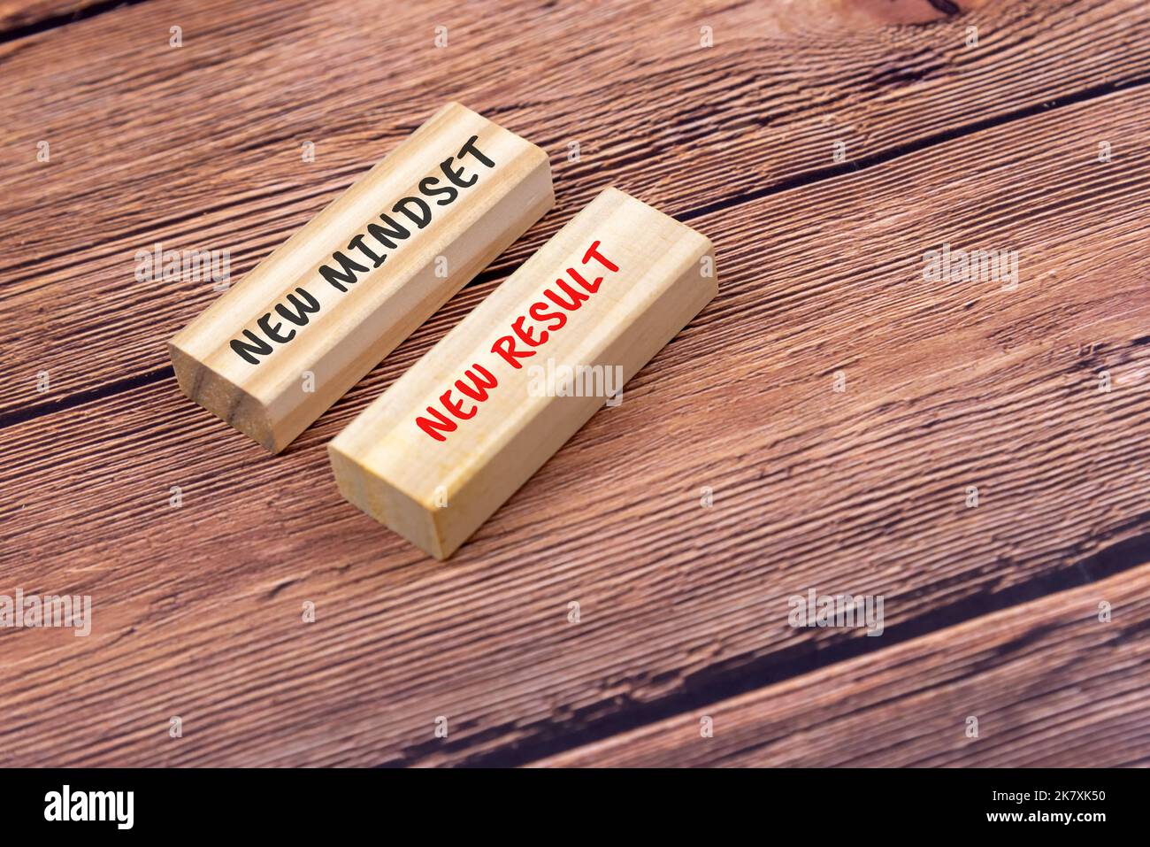 Neue Denkweise neues Ergebnis auf Holzblock Stockfoto