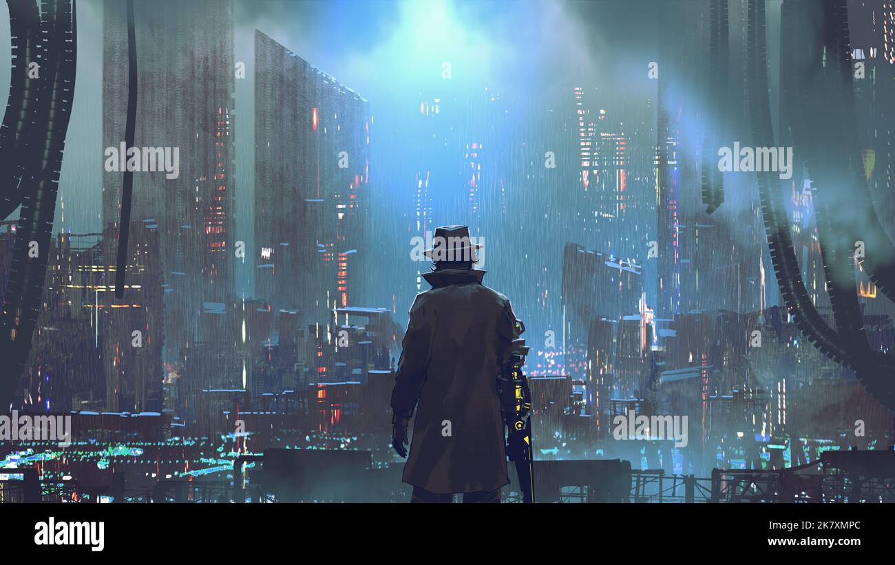 Der Mann mit dem mechanischen Arm, der die Megacity bei regnerischer Nacht, digitalen Kunststil, Illustrationsmalerei betrachtet Stockfoto