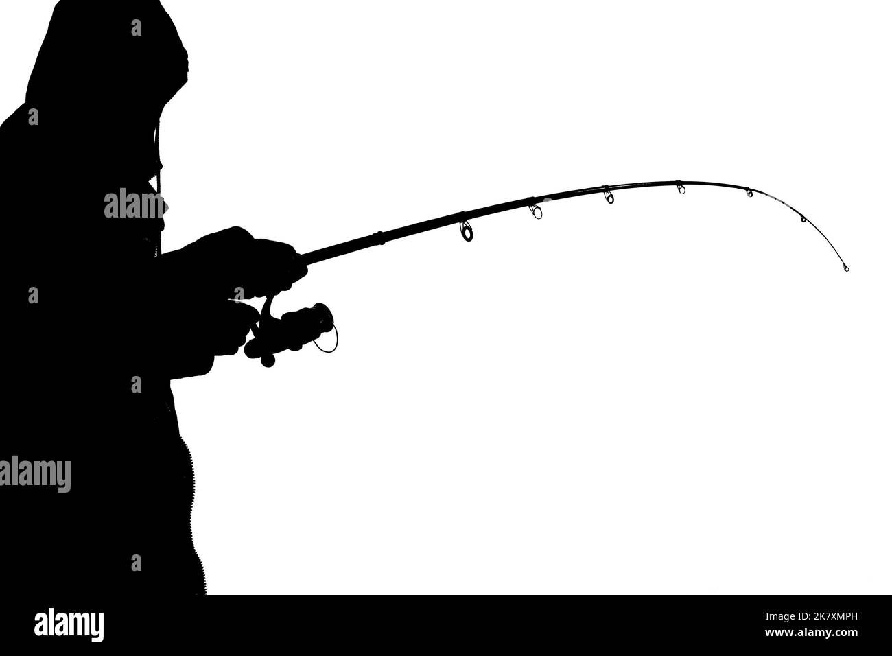 Silhouette eines Fischers auf weißem Hintergrund. Angeln mit einer Spinnrute Stockfoto