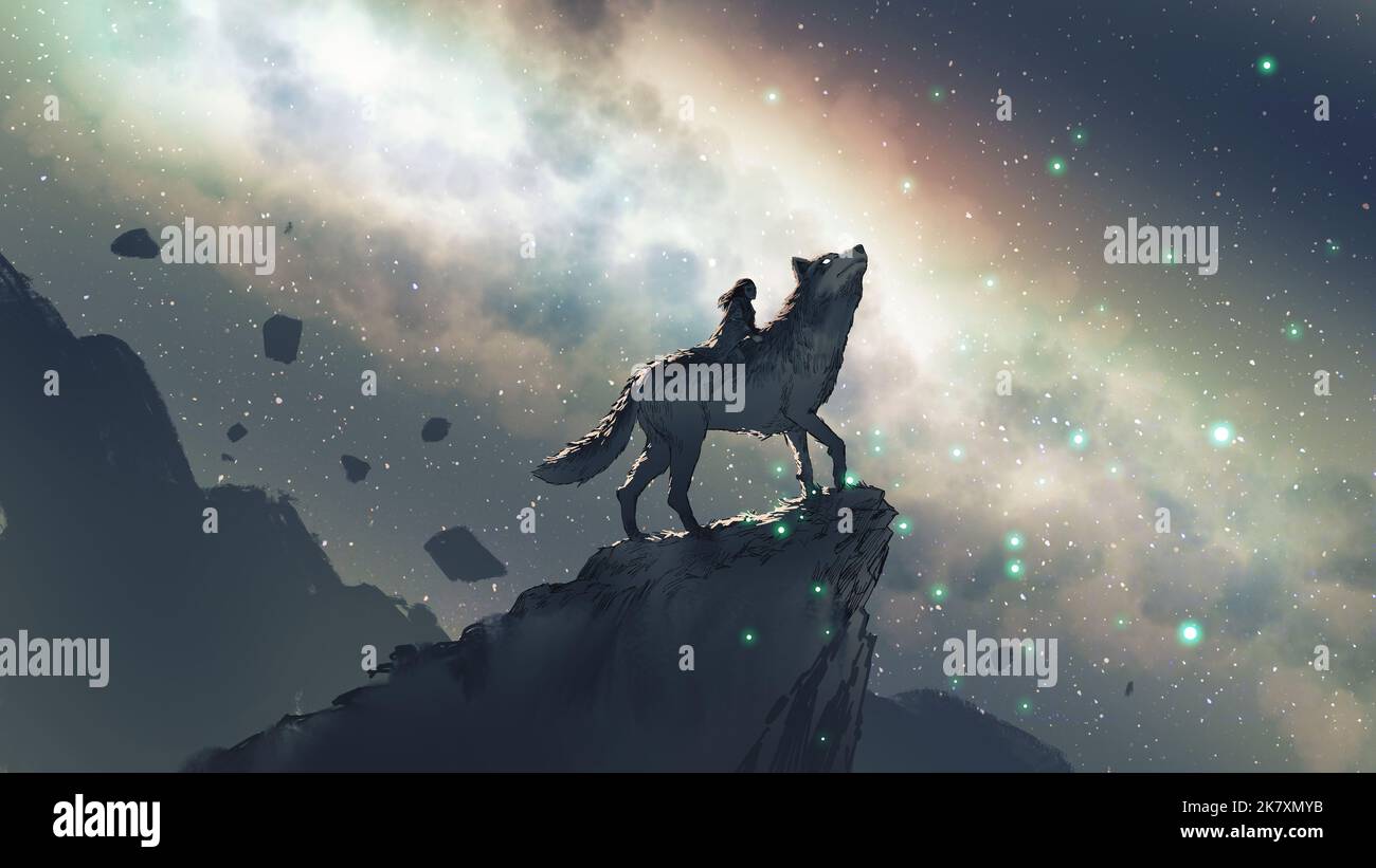 Frau auf dem Wolf, die auf einem Berg gegen den Nachthimmel steht, digitaler Kunststil, Illustrationsmalerei Stockfoto