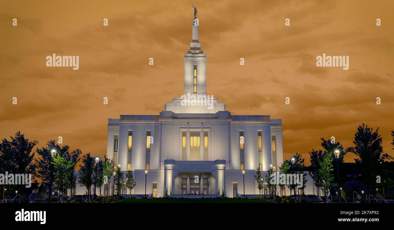 Pocatello Idaho LDS Temple Building Mormon Church of Jesus Christ sakrale religiöse Religion Building morgendlicher Sonnenaufgang Stockfoto