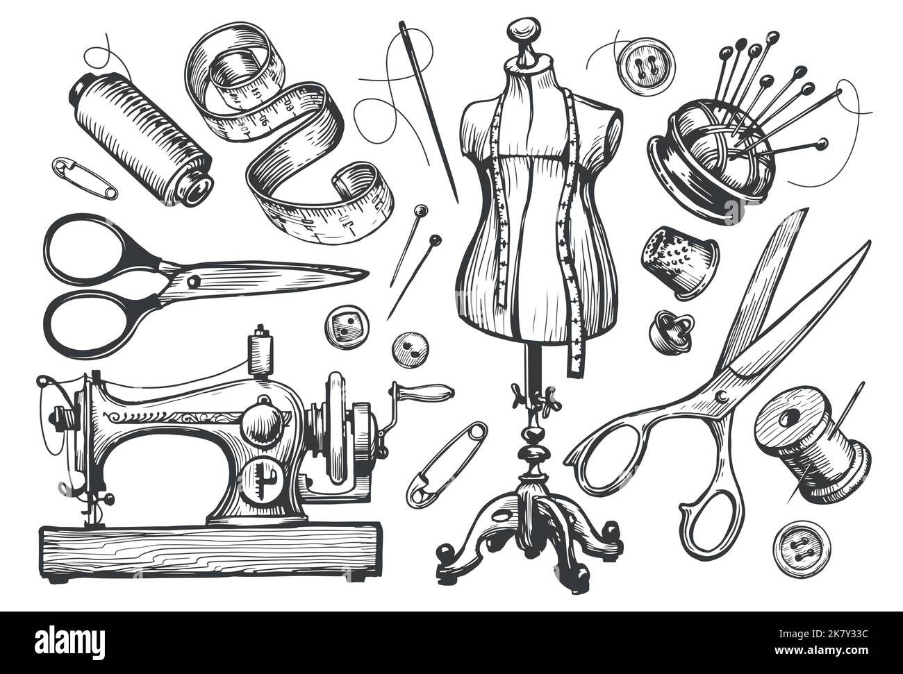 Maßgeschneiderte Kleidung. Nähen Schneider Werkzeuge Set Vektor handgezeichnete Skizze Illustration. Konzept der Bekleidungswerkstatt Stock Vektor