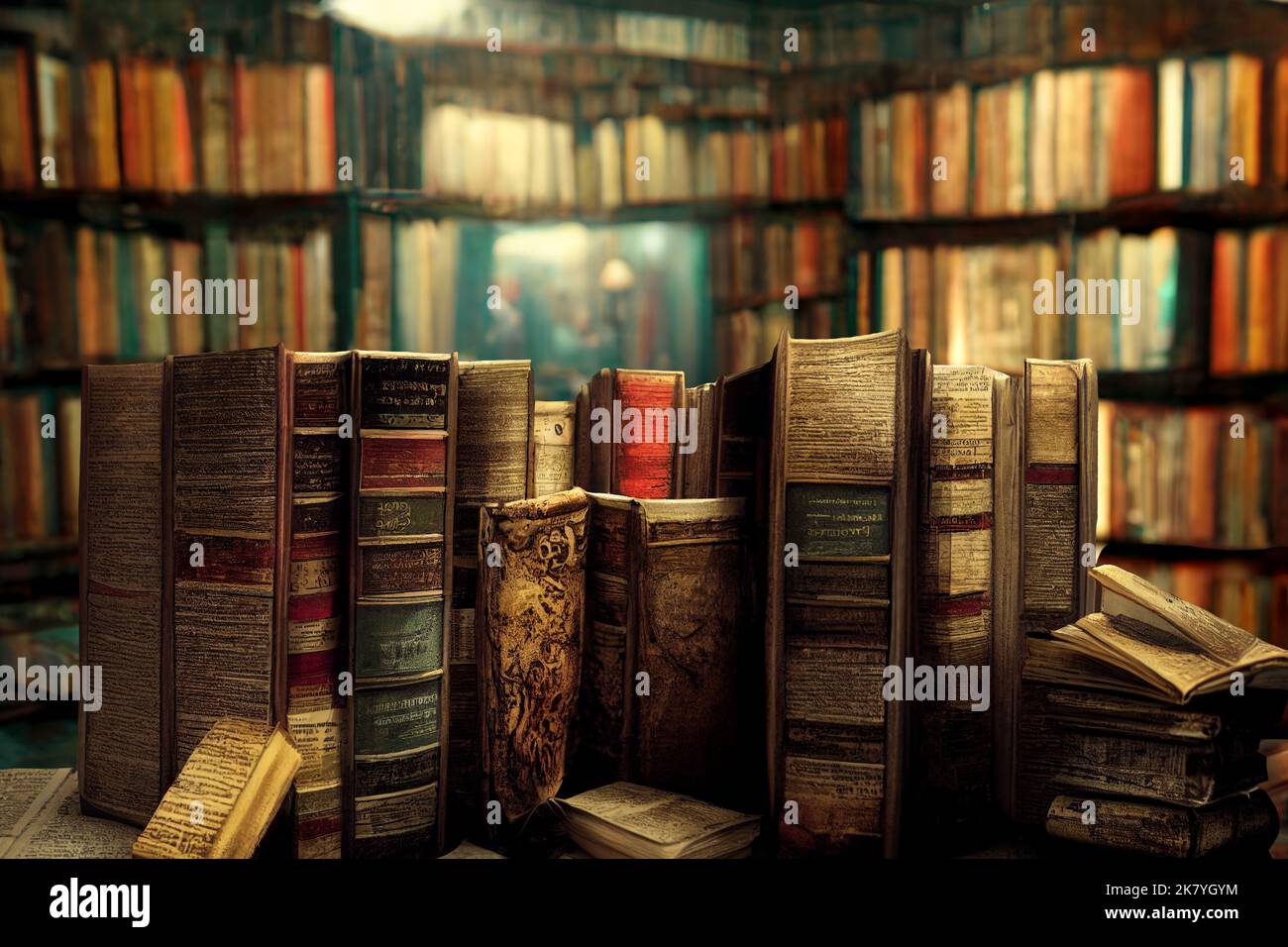 Altes Bücherregal mit antiken Büchern. Bild im Vintage-Stil. 3D Rendern Stockfoto