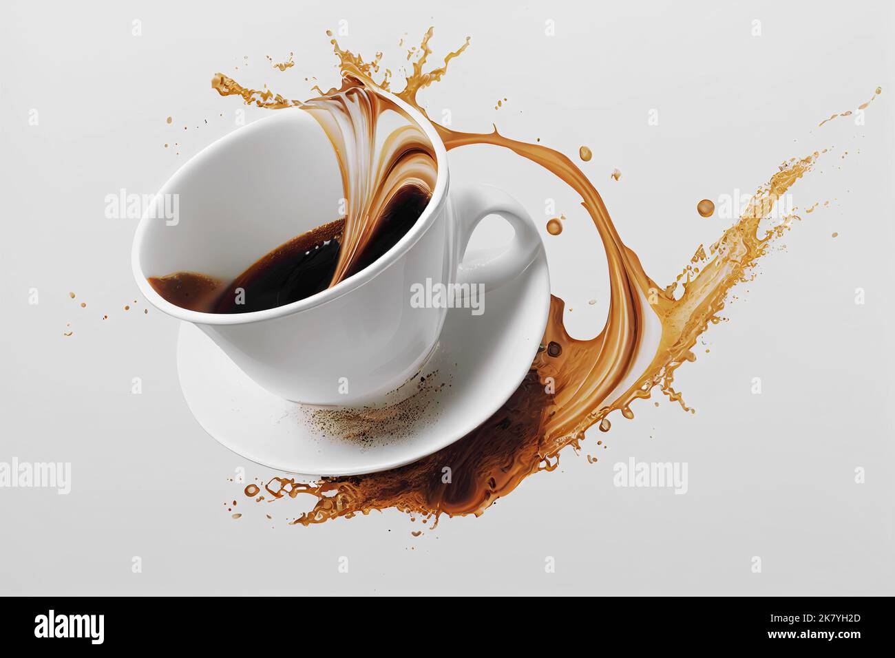 Bewegung der Kaffeetasse mit Flüssigkeitsspritzern auf weißem Hintergrund. Fast-Food-Konzept. 3D Rendern Stockfoto