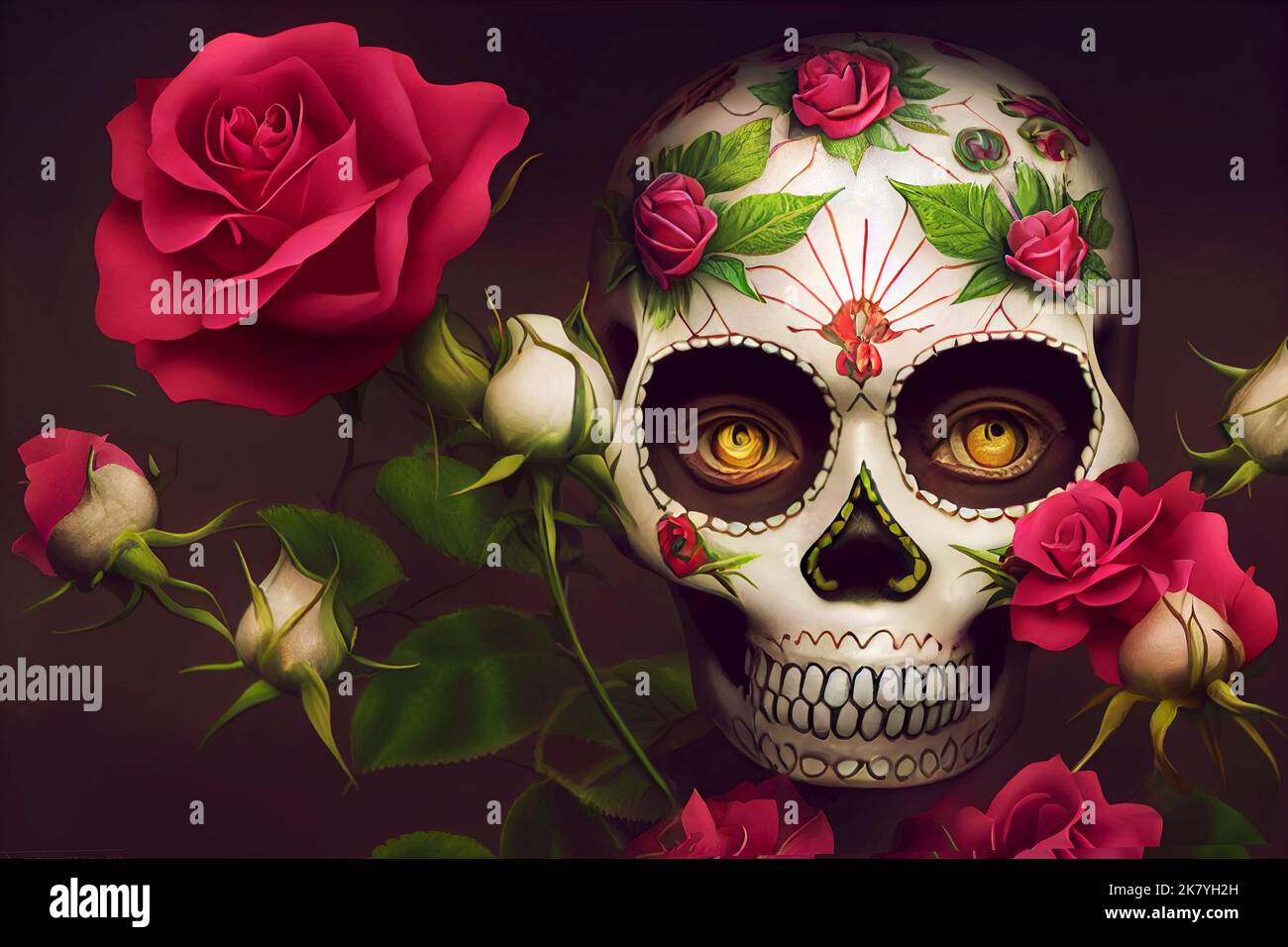 Mexikanischer Stil Zucker Schädel auf floralem Hintergrund. Sugarschädel mit Rosendeko Stockfoto