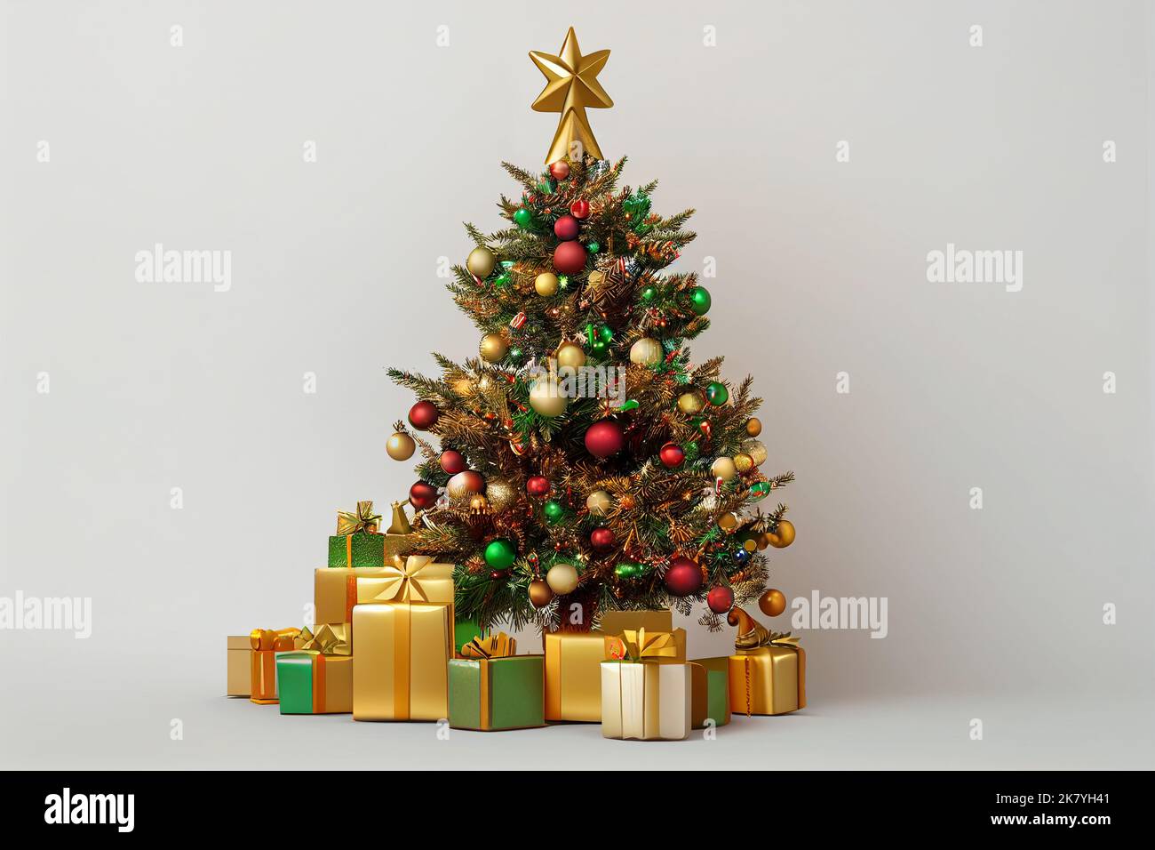 Weihnachtsbaum geschmückt mit bunten Kugeln und Geschenkboxen Stockfoto