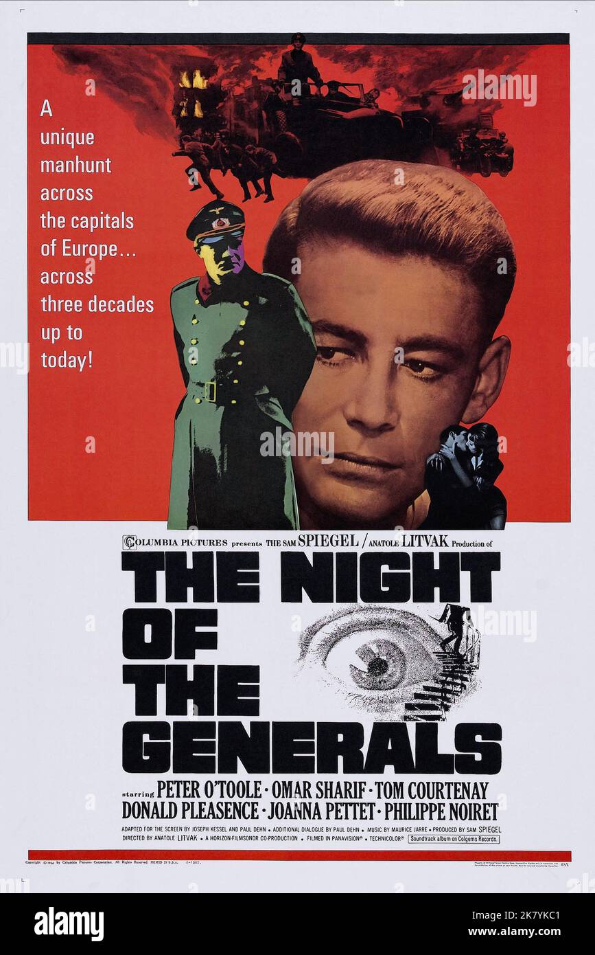 Filmposter Film die Nacht der Generäle (UK/FR 1967) Regie: Anatole Litvak 29. Januar 1967 **WARNUNG** dieses Foto ist nur für redaktionelle Zwecke bestimmt und unterliegt dem Urheberrecht von COLUMBIA und/oder dem Fotografen, der von der Film- oder Produktionsgesellschaft beauftragt wurde, und darf nur durch Veröffentlichungen in Verbindung mit der Werbung für den oben genannten Film reproduziert werden. Eine obligatorische Gutschrift für COLUMBIA ist erforderlich. Der Fotograf sollte ebenfalls angerechnet werden, wenn er bekannt ist. Ohne schriftliche Genehmigung der Film Company kann keine kommerzielle Nutzung gewährt werden. Stockfoto
