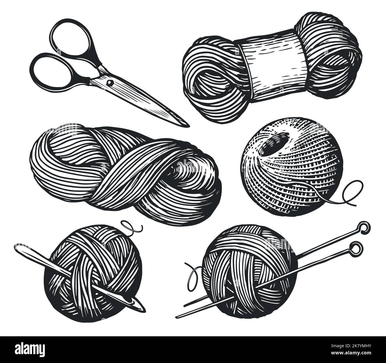 Skizze aus Wollgarn. Handgefertigte Designelemente aus Nadelarbeit. Set mit Strickwerkzeugen. Handgezeichnete Vektor-Illustration im Vintage-Stil Stock Vektor