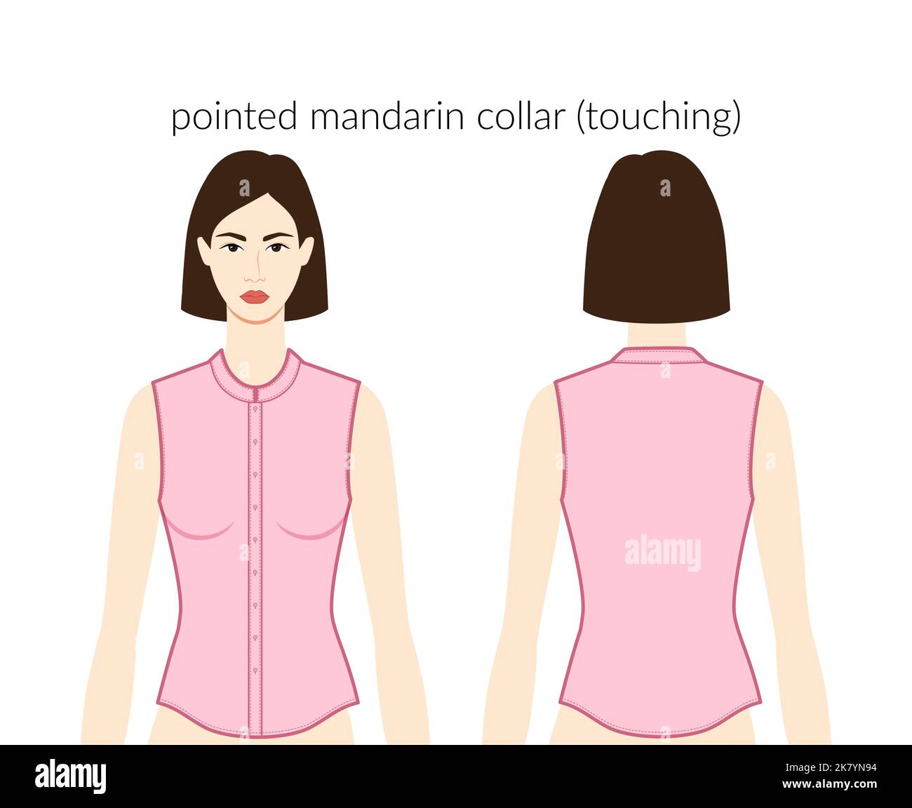 Spitz angedeuteter Mandarinenkragen mit anrührenden Ausschnitt, Plakets Kleidung Charakter in rosa Top, Kleid technische Mode Illustration mit taillierten Körper. Flache Bekleidungsvorlage vorne, hinten. Frauen, Männer Unisex CAD Stock Vektor