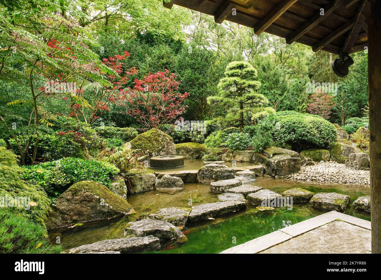 Japanischer Garten - Japanische Steinlaterne oder Pagode - im Botanischen  Garten 'Planten un Blomen' - Holzbltter aus japanischem Ahorn (meiner  Meinung nach vom Herbst! Stockfotografie - Alamy