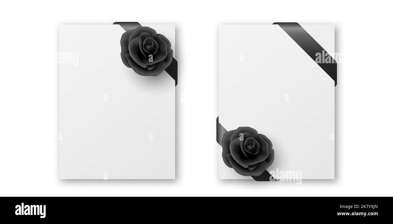 Vektor Blank Funeral Card, Banner-Vorlage, Hintergrund mit schwarzer Seide Band Ecke, Schwarze Rose. Design-Vorlage für Karteneinladung mit schwarzer Seide Stock Vektor