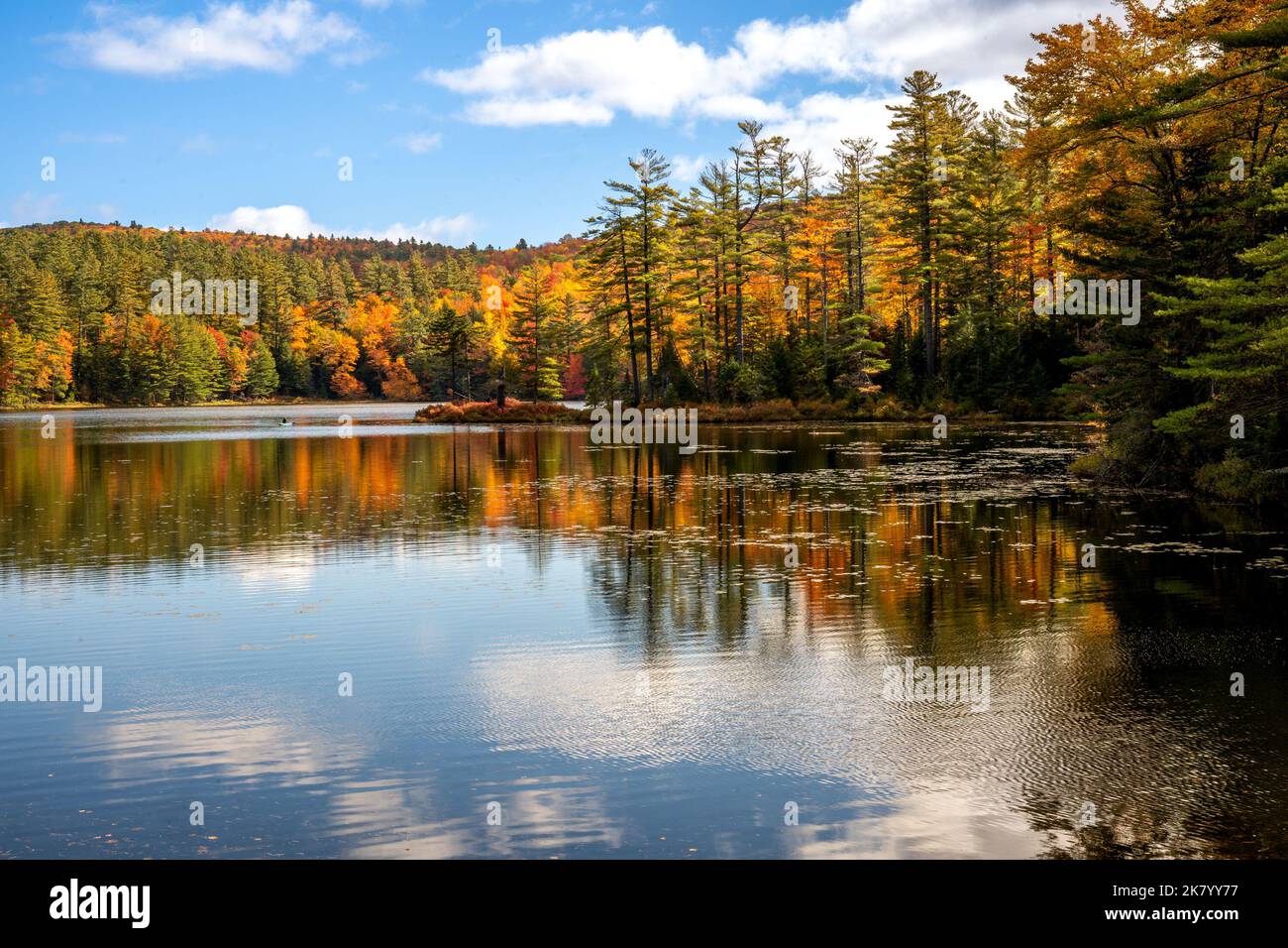 Londonderry, VT - USA - 8. Okt. 2022 Herbstlicher Blick auf den malerischen 102 Hektar großen Lowell Lake im Lowell Lake State Park von Vermont. Rot Stockfoto