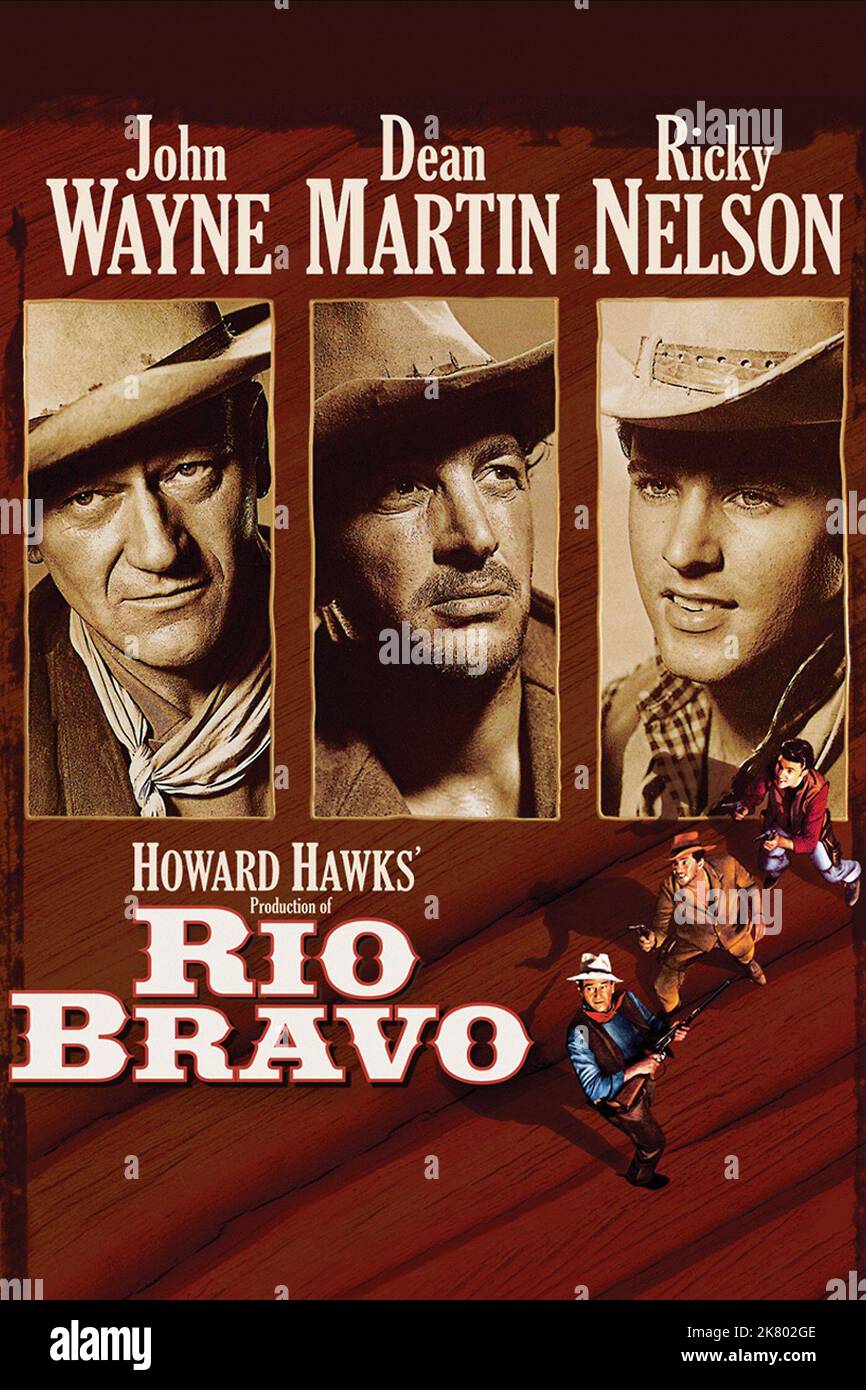 John Wayne, Dean Martin & Ricky Nelson Poster Film: Rio Bravo (USA 1959) Regie: Howard Hawks 18 March 1959 **WARNUNG** Dieses Foto ist nur für redaktionelle Zwecke bestimmt und unterliegt dem Copyright von WARNER BROS. Und/oder des Fotografen, der von der Film- oder Produktionsfirma beauftragt wurde und nur durch Publikationen im Zusammenhang mit der Bewerbung des oben genannten Films reproduziert werden kann. Eine obligatorische Gutschrift an WARNER BROS. Ist erforderlich. Der Fotograf sollte auch bei Bekanntwerden des Fotos gutgeschrieben werden. Ohne schriftliche Genehmigung der Film Company kann keine kommerzielle Nutzung gewährt werden. Stockfoto